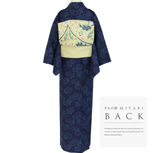 紬 リサイクル 身丈159.3cm 裄63.2cm 単衣 菊唐草模様 ネイビー Mサイズ カジュアル お洒落 正絹 広衿 Sランク