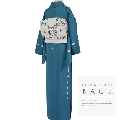 小紋 リサイクル 身丈164.7cm 裄67.8cm 袷 デザイン菱柄 白玉一珍染 大東工房 ブルー Lサイズ お洒落 カジュアル 正絹 広衿 Sランク