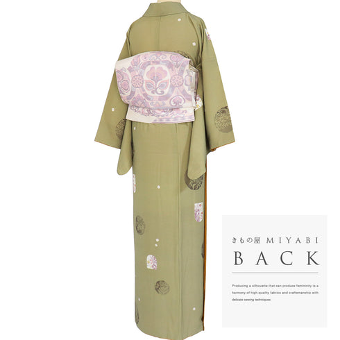 小紋 リサイクル 身丈161.5cm 裄67.6cm 袷 変わり丸柄 ゆったりサイズ グリーン Lサイズ お洒落 カジュアル ポリエステル 洗える着物 広衿 Aランク