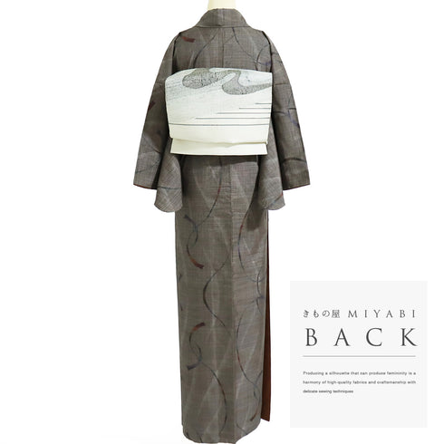 紬 リサイクル 身丈168.8cm 裄64.6cm 袷 曲線柄 ブラウン LLサイズ お洒落 正絹 広衿 Sランク