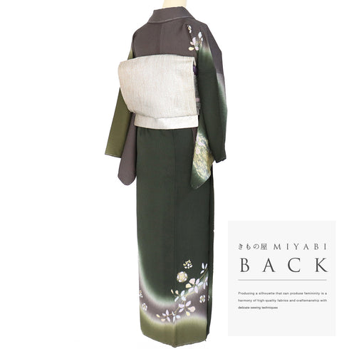 訪問着 リサイクル 身丈157.7cm 裄67.6cm 袷 花柄 ぼかし 絞り 金駒刺繍 グリーン Mサイズ お洒落 落款 しつけ糸 正絹 広衿 Aランク