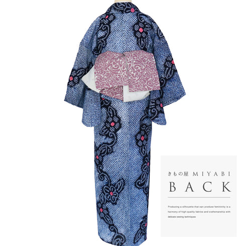 浴衣 リサイクル 夏着物 身丈162.8cm 裄63.2cm 夏物 絞り 花柄 ネイビー Lサイズ カジュアル 木綿 洗える着物 バチ衿 Sランク