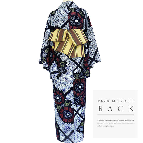 浴衣 リサイクル 夏着物 身丈151.5cm 裄64.4cm 夏物 絞り 花柄 ネイビー Sサイズ カジュアル 木綿 洗える着物 バチ衿 Aランク