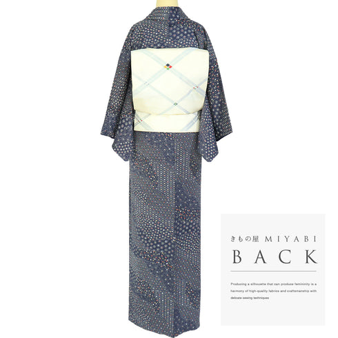 小紋 リサイクル 身丈158.5cm 裄62.4cm 袷 小花に道長取り模様 絞り ブルー Mサイズ お洒落 カジュアル しつけ糸 正絹 広衿 Sランク