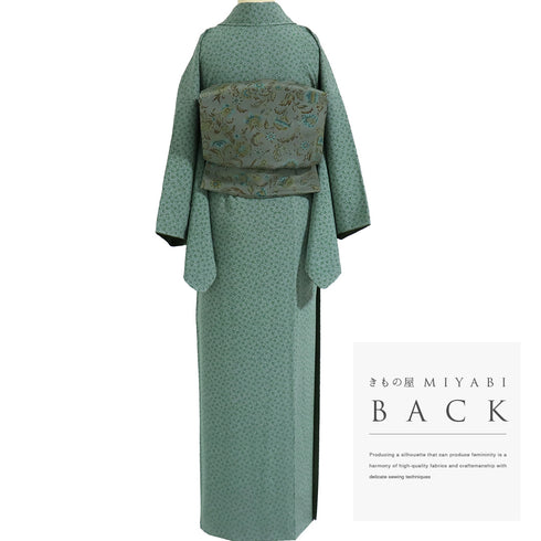 小紋 リサイクル 身丈171.2cm 裄66.4cm 袷 小花柄 グリーン LLサイズ お洒落 カジュアル 正絹 広衿 Sランク