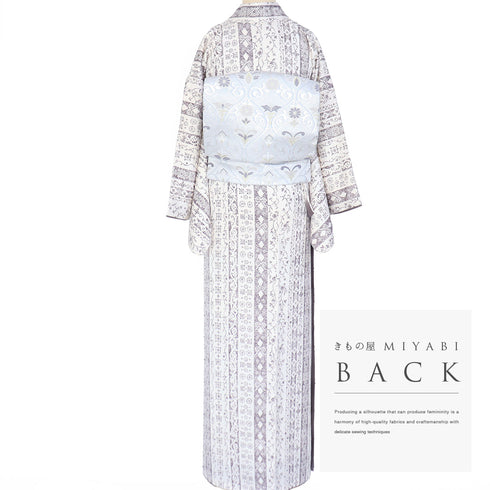 小紋 リサイクル 身丈161.5cm 裄67.6cm 袷 デザイン縦縞柄 地紋 アイボリー Lサイズ お洒落 カジュアル 正絹 広衿 Sランク