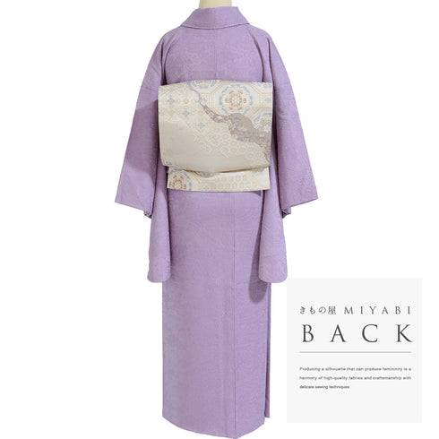 色無地 リサイクル 身丈157.5cm 裄64.8cm 袷 藤の花柄 辻ヶ花風柄 パープル Mサイズ お洒落 しつけ糸 正絹 広衿 地紋あり Sランク