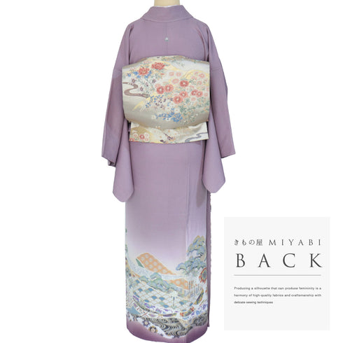 色留袖 リサイクル 身丈160.5cm 裄64.2cm 袷 宮延鳳凰風 比翼無し パープル Lサイズ 落款 一つ紋 正絹 広衿 Sランク