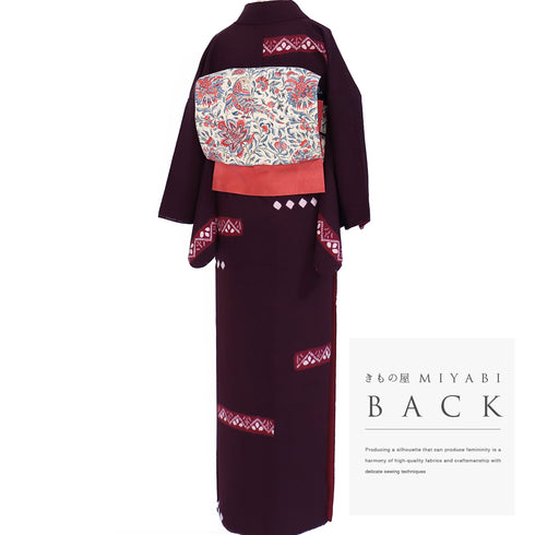 小紋 リサイクル 身丈158.8cm 裄64.4cm 袷 部分絞り柄 パールトーン加工 パープル Mサイズ お洒落 カジュアル 正絹 広衿 Sランク