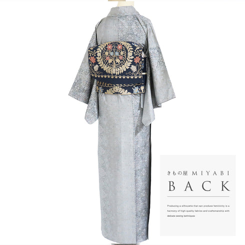 大島紬 リサイクル 身丈157.3cm 裄60.8cm 袷 有職文様 唐草柄 グレー Mサイズ カジュアル お洒落 正絹 広衿 Sランク