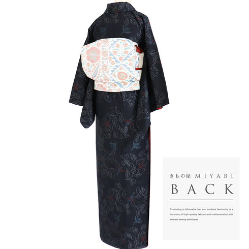 大島紬 リサイクル 身丈158.7cm 裄64.8cm 袷 鳥や葉枝柄 ブラック Mサイズ カジュアル お洒落 しつけ糸 正絹 広衿 Sランク