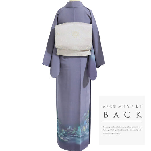 訪問着 リサイクル 身丈162.7cm 裄64.4cm 袷 二条城柄 木立柄 箔加工 京名所二条城 パープル Lサイズ セミフォーマル お洒落 正絹 広衿 Sランク
