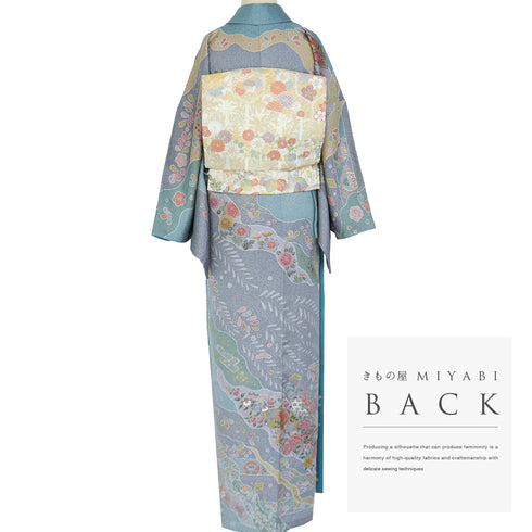訪問着 リサイクル 身丈164.5cm 裄68.5cm 袷 道長雲取り 花柄 箔加工 絞り加工 ブルー Lサイズ セミフォーマル お洒落 正絹 広衿 Sランク