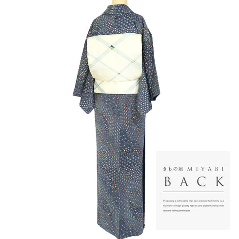 小紋 リサイクル 身丈158.5cm 裄62.4cm 袷 小花に道長取り模様 絞り ブルー Mサイズ お洒落 カジュアル しつけ糸 正絹 広衿 Sランク