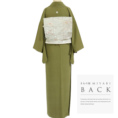 色無地 リサイクル 身丈156.5cm 裄62.6cm 袷 グリーン Mサイズ セミフォーマル 一つ紋 しつけ糸 正絹 広衿 地紋なし Aランク