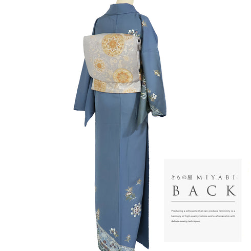 訪問着 リサイクル 身丈164.2cm 裄68.4cm 袷 華紋 花唐草模様 オリエンタル柄 金駒 ブルー Lサイズ セミフォーマル 正絹 広衿 Bランク