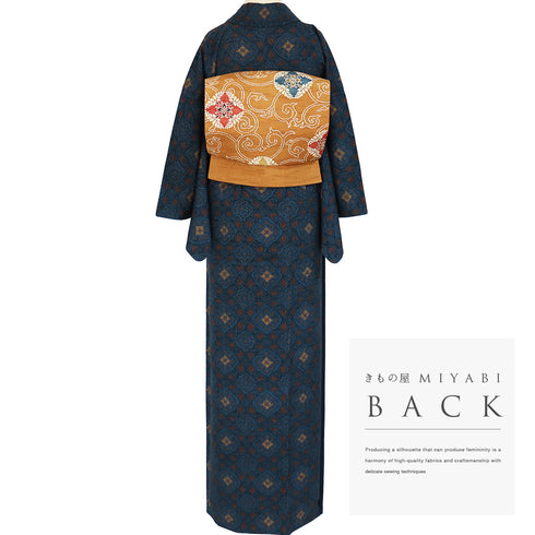 紬 リサイクル 身丈163.5cm 裄64.6cm 袷 幾何学柄 ネイビー Lサイズ お洒落 カジュアル 正絹 広衿 Sランク