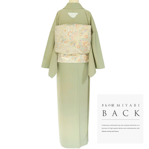 色無地 リサイクル 身丈162.8cm 裄68.4cm 袷 ぼかし グリーン Lサイズ セミフォーマル 一つ紋 しつけ糸 正絹 広衿 Sランク