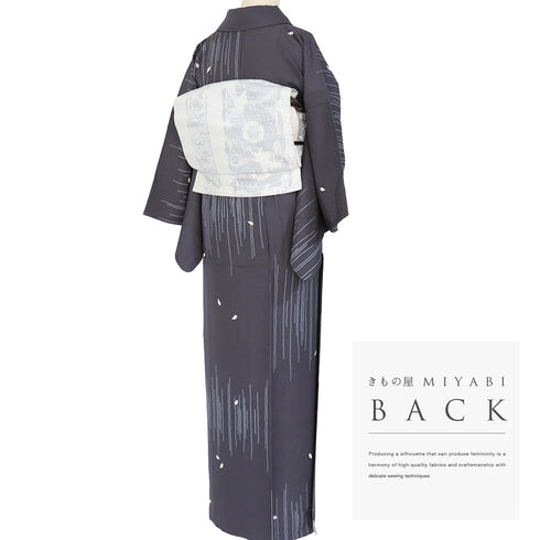 小紋 リサイクル 身丈152.5cm 裄62cm 単衣 鹿子柄に花びら散らし 箔 渡辺雪三郎 グレー Sサイズ お洒落 正絹 広衿 Sランク