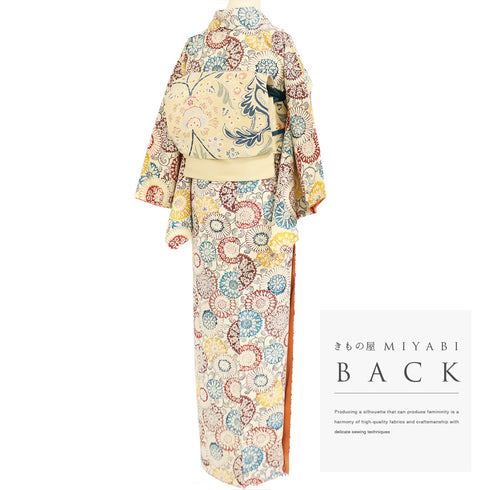 小紋 リサイクル 身丈153.5cm 裄63.2cm 袷 デザイン花柄 型染め ベージュ Sサイズ お洒落 カジュアル 正絹 広衿 Sランク