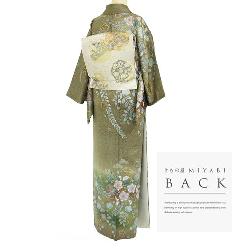 訪問着 リサイクル 身丈154.8cm 裄63.6cm 袷 辻ヶ花文様 箔 後絞り加工 グリーン Sサイズ お洒落 正絹 広衿 Sランク