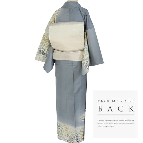 付下げ 身丈159.3cm 裄65.4cm 袷 葉柄 グレー Mサイズ お洒落 正絹 広衿 Sランク