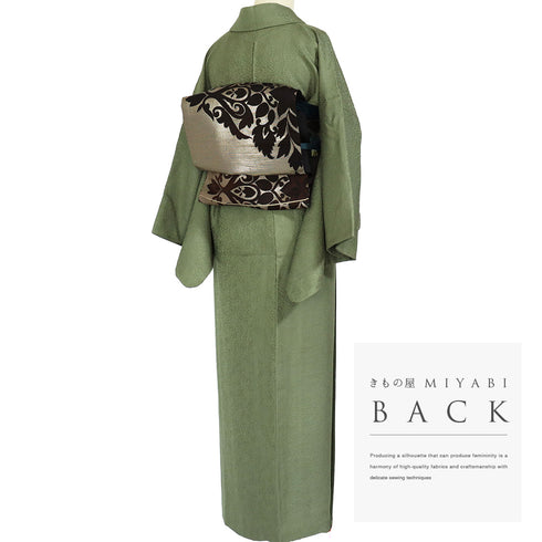 色無地 リサイクル 身丈154.8cm 裄64.4cm 袷 枝や葉に花柄 草木染 七五三 グリーン Sサイズ フォーマル お洒落 証紙 正絹 バチ衿 地紋あり Sランク