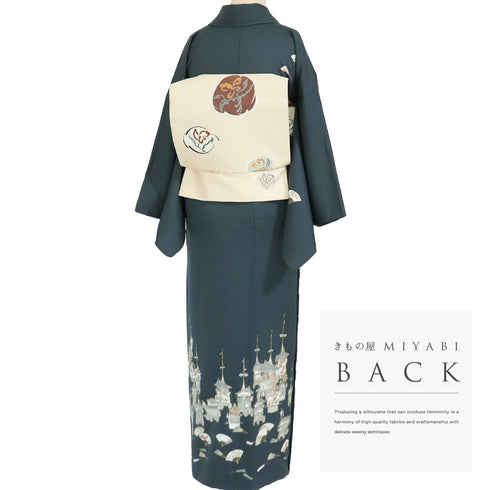 訪問着 リサイクル 身丈155.6cm 裄64.4cm 袷 祇園祭 扇面散らし 山鉾 パールトーン加工 ネイビー Mサイズ お洒落 正絹 広衿 Sランク
