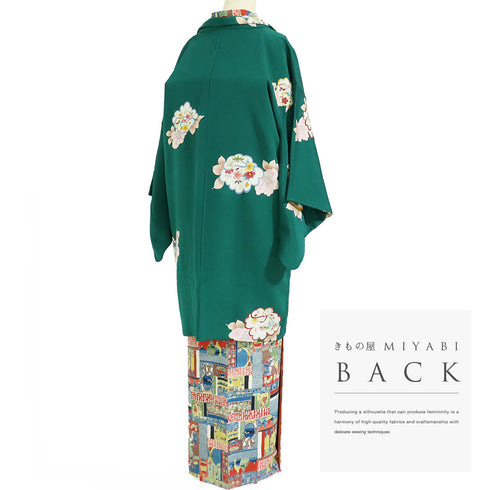 羽織 リサイクル 身丈92cm 裄62.4cm 袷 デザイン花模様 グリーン SSサイズ お洒落 カジュアル 正絹 Sランク