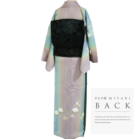付下げ リサイクル 身丈158.4cm 裄66.2cm 袷 花柄 部分刺繍 縦ぼかし パープル Mサイズ お洒落 正絹 広衿 Bランク