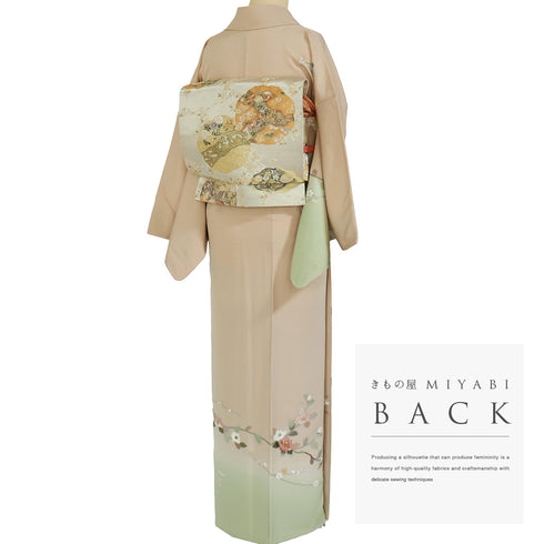 訪問着 リサイクル 身丈166.8cm 裄66cm 袷 椿に菊や梅柄 刺繍 ベージュ LLサイズ セミフォーマル お洒落 正絹 広衿 Sランク