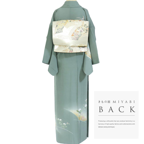 訪問着 リサイクル 身丈152.8cm 裄63.6cm 袷 花柄 グリーン Sサイズ セミフォーマル お洒落 正絹 広衿 Aランク