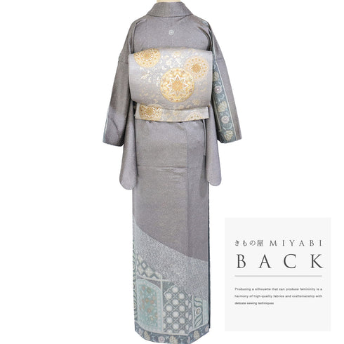 訪問着 身丈163.5cm 裄64.4cm 袷 オリエンタル柄 グレー Lサイズ セミフォーマル お洒落 正絹 広衿 Sランク