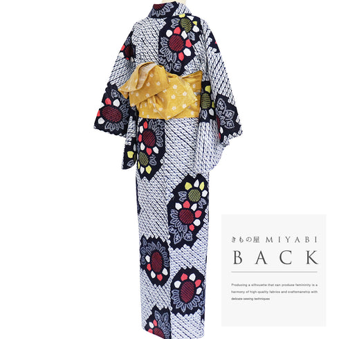 浴衣 リサイクル 夏着物 身丈151cm 裄62.8cm 夏物 花柄に麻の葉柄 絞り ネイビー Sサイズ カジュアル しつけ糸 木綿 洗える着物 バチ衿 Sランク