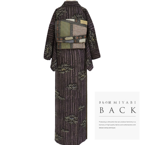 小紋 リサイクル 身丈164.5cm 裄64.8cm 袷 臈纈染め 竹柄 変わり織り 洛遊庵 ブラウン Lサイズ お洒落 カジュアル 正絹 広衿 Sランク