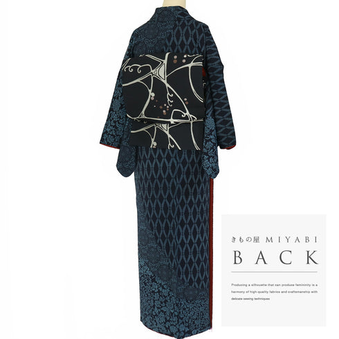 付下げ リサイクル 身丈160.8cm 裄64cm 袷 更紗柄 ネイビー Lサイズ お洒落 正絹 広衿 Sランク