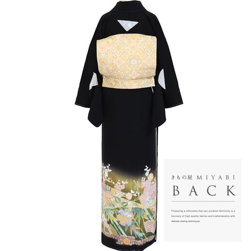 黒留袖 リサイクル 身丈164.5cm 裄66.4cm 袷 雪輪柄 金駒刺繍 ブラック Lサイズ 落款 五つ紋 しつけ糸 正絹 広衿 Sランク