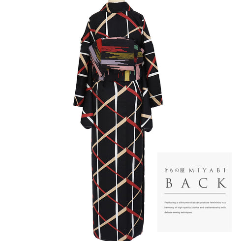 小紋 リサイクル 身丈168cm 裄66.4cm 袷 麻の葉の地紋にデザイン籠目柄 ブラック LLサイズ お洒落 カジュアル 正絹 広衿 未使用品