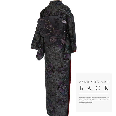 紬 リサイクル 身丈158.8cm 裄65.3cm 袷 花柄 ブラック Mサイズ お洒落 カジュアル しつけ糸 正絹 広衿 Sランク