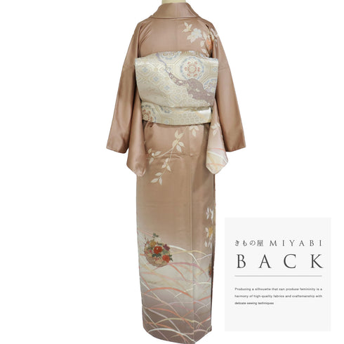 訪問着 リサイクル 身丈157cm 裄64.2cm 袷 雪輪に花模様 刺繍 箔 ブラウン Mサイズ お洒落 セミフォーマル しつけ糸 正絹 広衿 Bランク