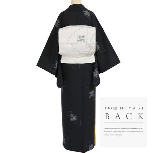 小紋 リサイクル 身丈164.3cm 裄66.5cm 袷 鯉のぼり柄 ブラック Lサイズ お洒落 カジュアル ポリエステル 洗える着物 広衿 Sランク