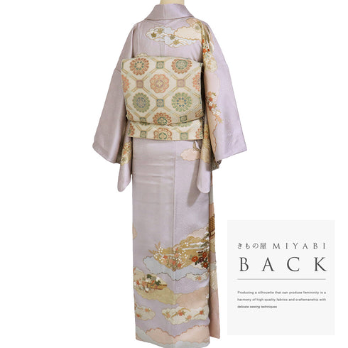 訪問着 リサイクル 身丈164.3cm 裄66.2cm 袷 雪取に松菊柄 箔 金駒刺繍 パープル Lサイズ セミフォーマル フォーマル 落款 しつけ糸 正絹 広衿 Sランク