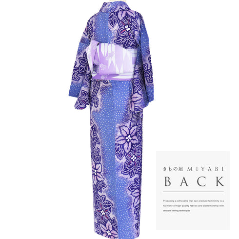 浴衣 リサイクル 夏着物 身丈154.8cm 裄64cm 夏物 絞り 花と蝶々柄 地紋 後身頃居敷当て付き パープル Sサイズ カジュアル 木綿 洗える着物 バチ衿 Aランク