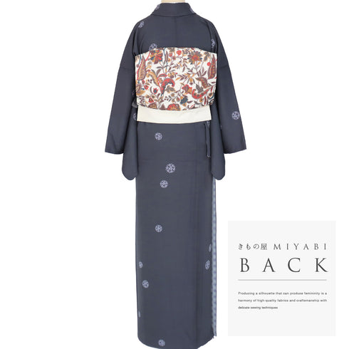 小紋 リサイクル 身丈164.5cm 裄68.4cm 袷 唐草地紋柄 五代 板東八十助 ネイビー Lサイズ お洒落 正絹 広衿 Aランク