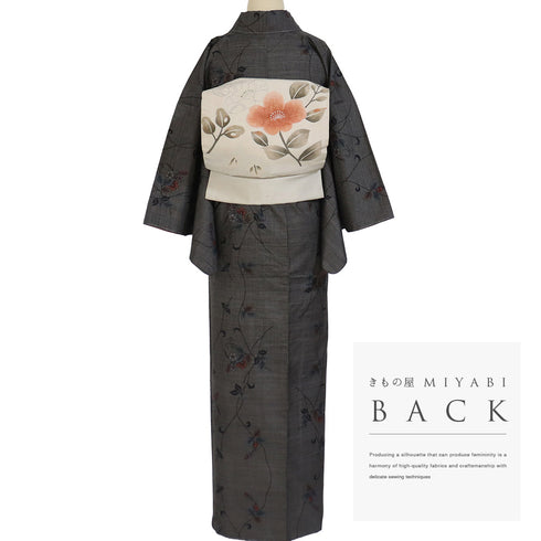 紬 リサイクル 身丈155.8cm 裄63.6cm 袷 花柄 韓国産大島紬 ブラック Mサイズ お洒落 カジュアル しつけ糸 正絹 広衿 Sランク