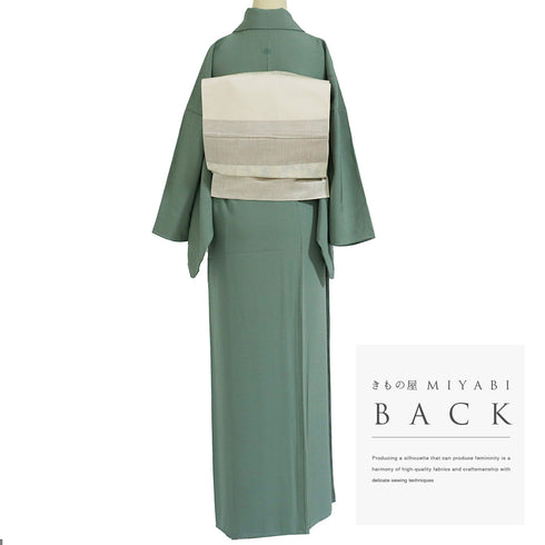 色無地 リサイクル 身丈155cm 裄68.4cm 袷 グリーン Sサイズ セミフォーマル 一つ紋 しつけ糸 正絹 広衿 Sランク