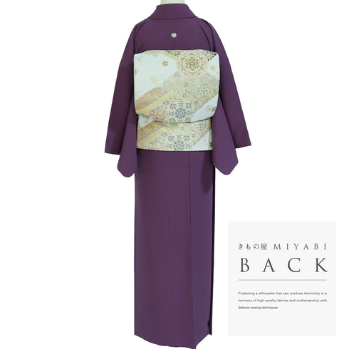 色無地 リサイクル 身丈161.2cm 裄65cm 袷 パープル Lサイズ セミフォーマル お洒落 一つ紋 ポリエステル 洗える着物 バチ衿 地紋なし Sランク