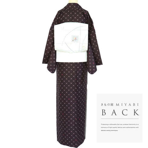 小紋 リサイクル 身丈167.8cm 裄67.5cm 袷 デザイン菱形模様 ブラウン LLサイズ お洒落 カジュアル ポリエステル 洗える着物 広衿 Sランク