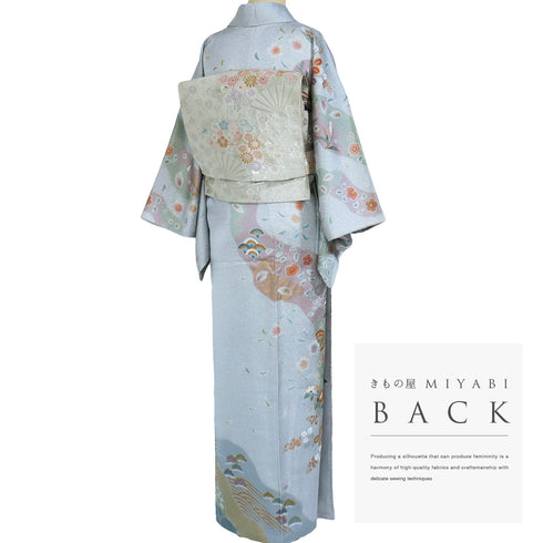 訪問着 リサイクル 身丈157.5cm 裄64.8cm 袷 道長取り 花柄 箔加工 ブルー Mサイズ セミフォーマル 正絹 広衿 Sランク