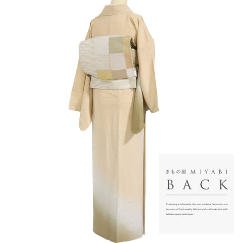 訪問着 リサイクル 身丈171.3cm 裄69.6cm 袷 木目の地紋に裾ボカシ柄 ベージュ LLサイズ お洒落 正絹 広衿 Sランク